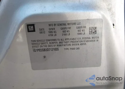 2013 Chevrolet Cruze 2Lt Auto from USA, damaged, VIN 1G1PE5SB3D7121655